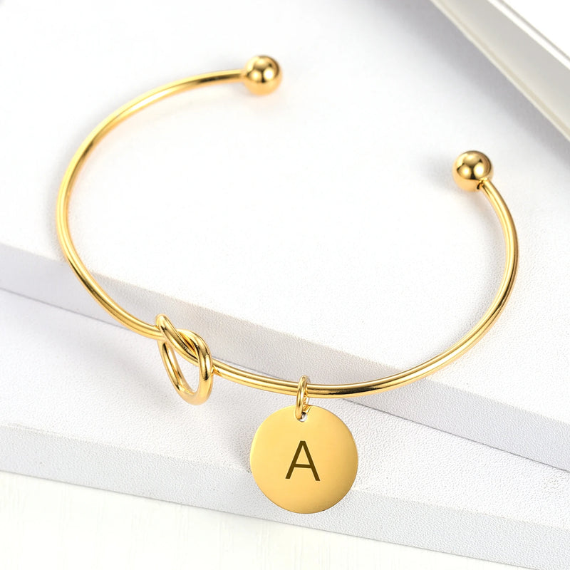 Love Knot Stainless Steel Initial Charm Bracelet Personalized Engrave Letter