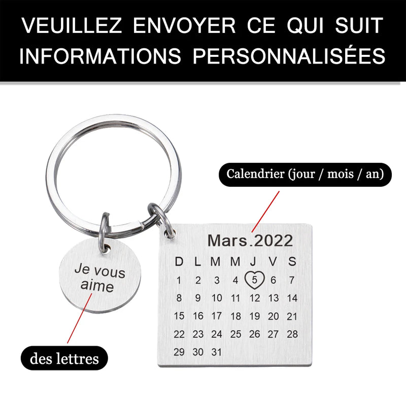 Personalized Calendar Keychain Engraved Date Letters Couple Gift