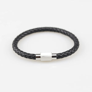 Engraved Leather Name Bracelet Stainless Steel Bangle