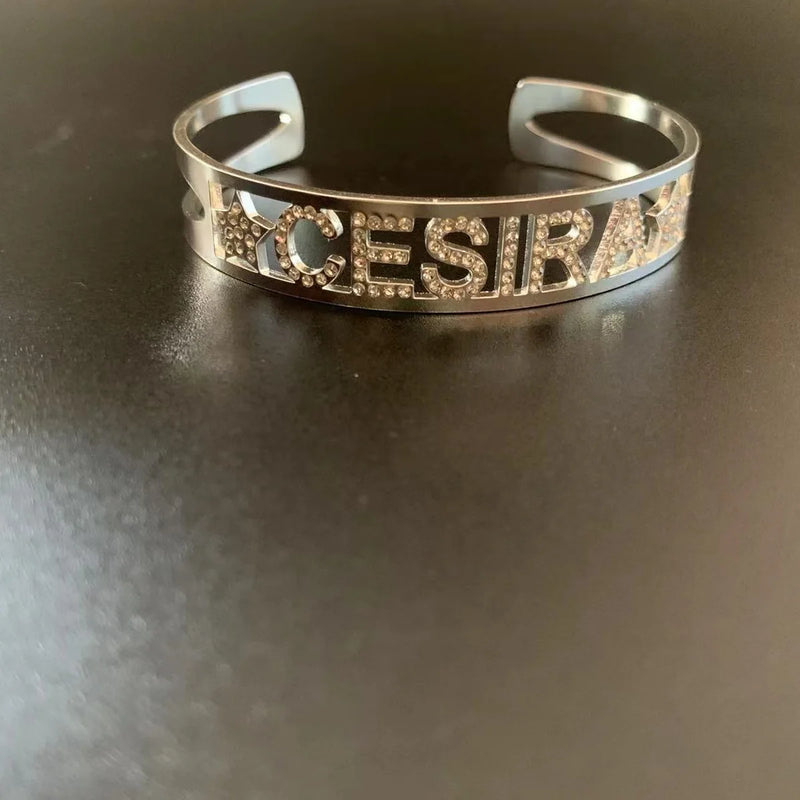Crystal Letter Bracelet Stainless Steel Rhinestone Bangle