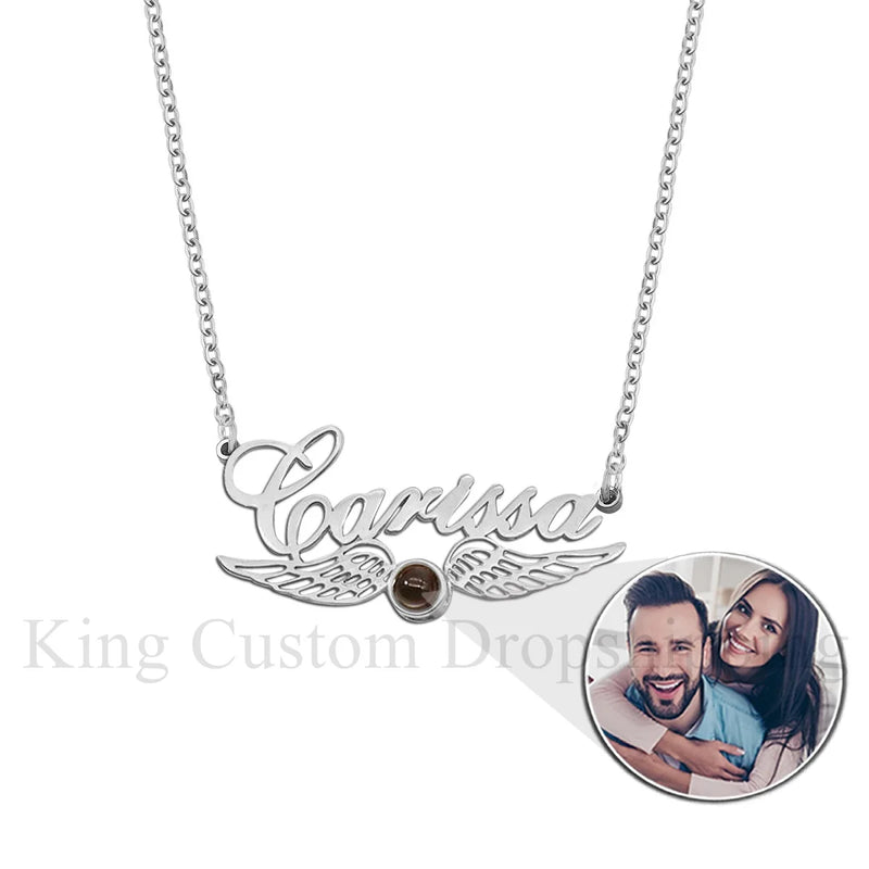 Personalized Family Name Necklace with Wings Logo Photos