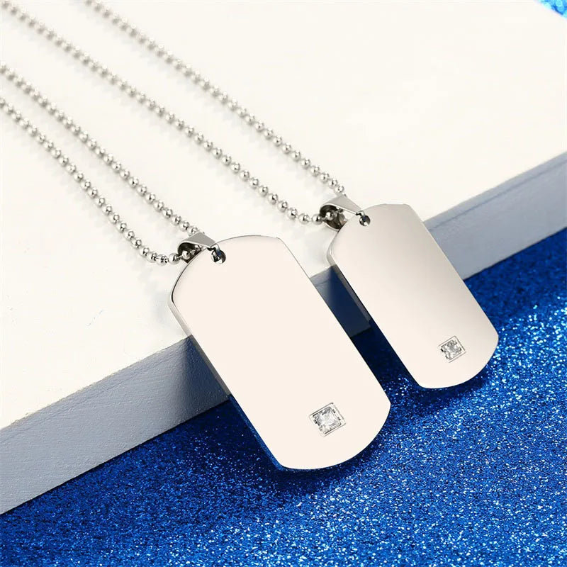 Custom Engraved Couple Necklaces with Crystal Stainless Steel Pendants