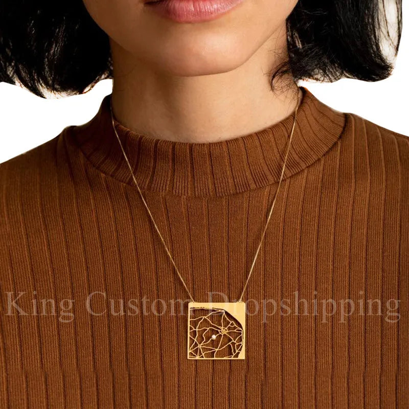 Map Necklace Square Pendant Souvenir Jewelry for Family or Girlfriend