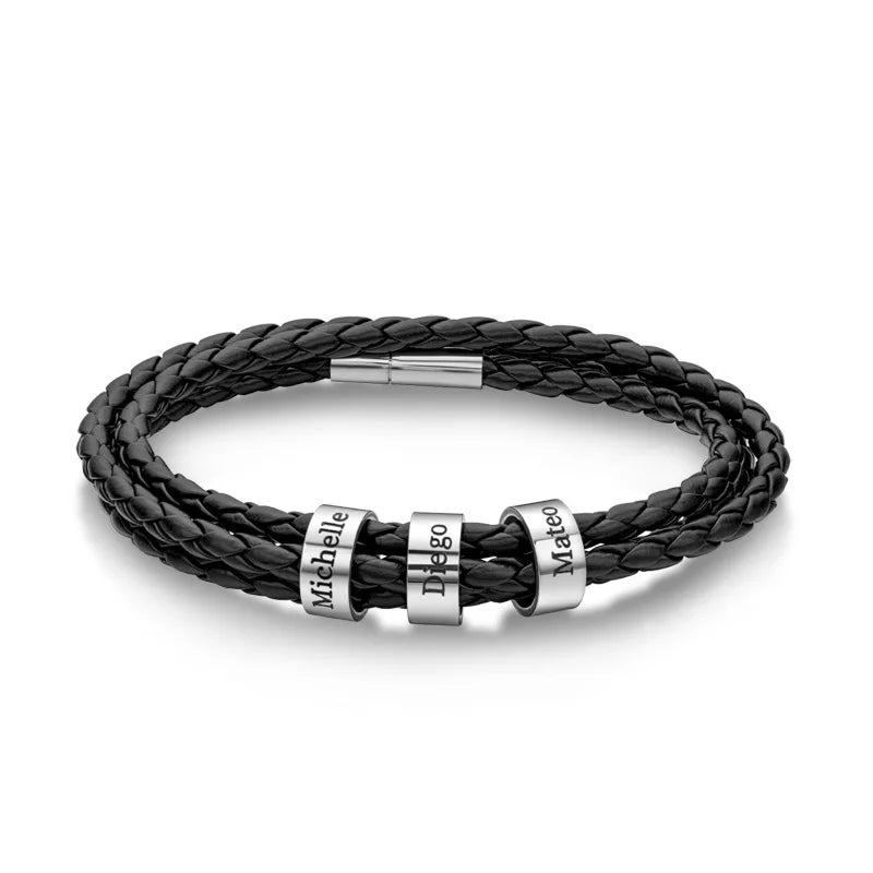 Personalized Men Leather Bracelet with Family Names Beads