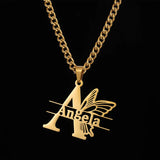Monogram Name Butterfly Flower Necklace Pendant Stainless Steel Chain
