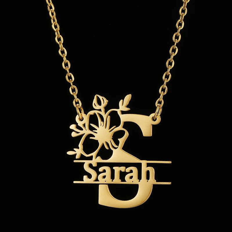 Monogram Name Butterfly Flower Necklace Pendant Stainless Steel Chain