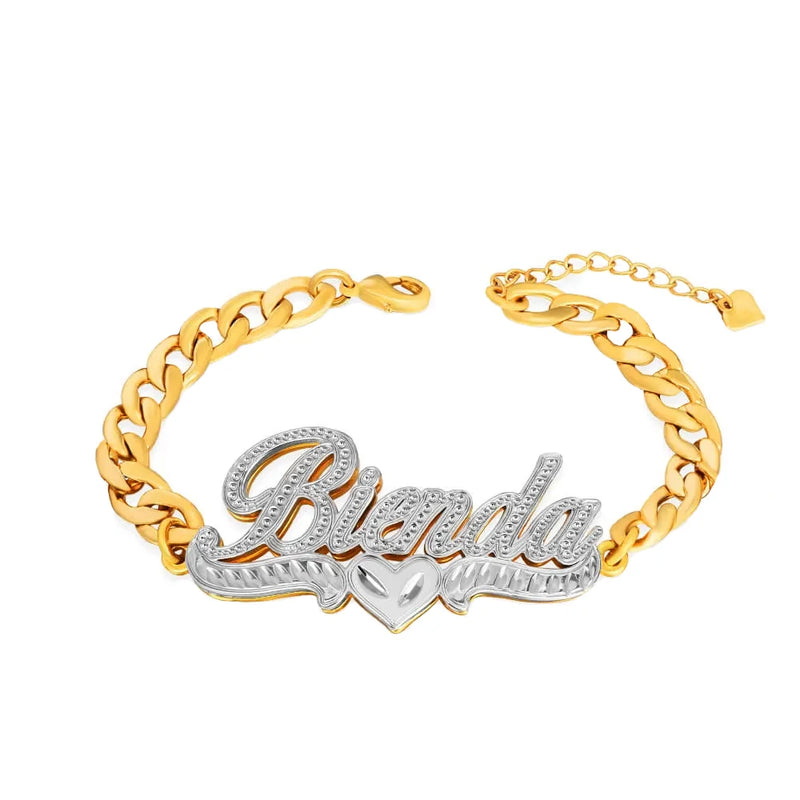 Double Layer Heart Nameplate Cuban Chain Personalized Bracelet