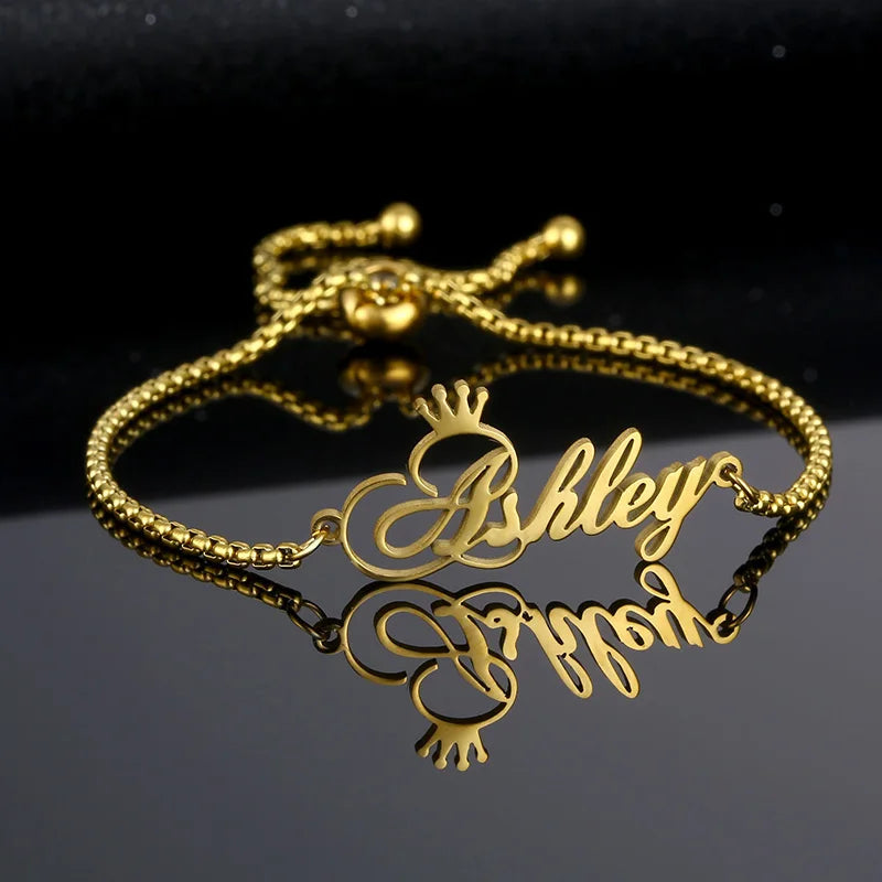 Crown Letter Name Bracelet Women Kids Stainless Steel Adjustable