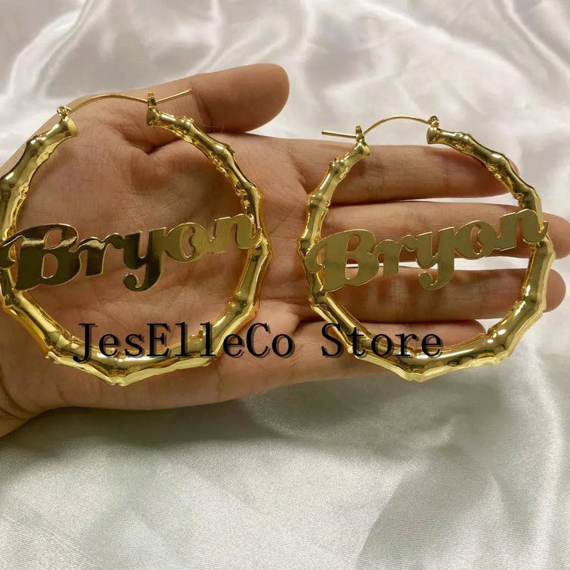 Name Earrings Bamboo Style Hoop Personalized Jewelry Stainless Steel