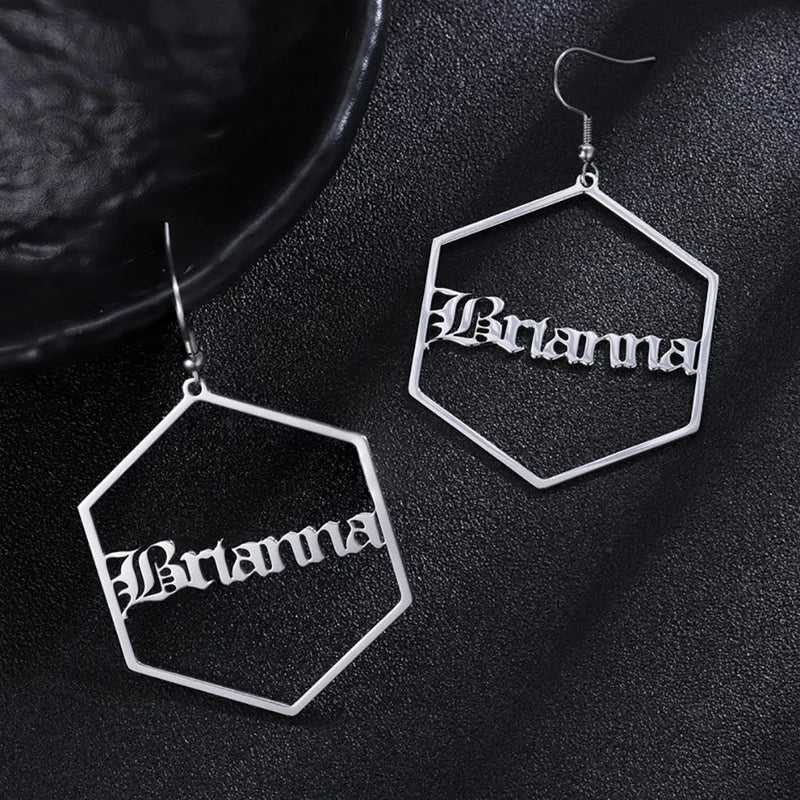 Personalized Hexagon Name Earrings Stainless Steel Women Jewelry