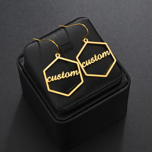 Personalized Hexagon Name Earrings Stainless Steel Women Jewelry