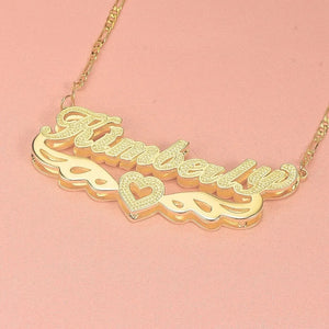 18K Double Wings Heart Double Layer Personalized Name Necklace for Women