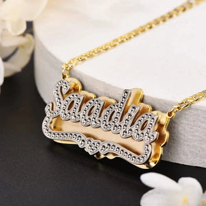 Personalized 18K Name Necklace 3D Double Plate Two Tone Heart Pendant