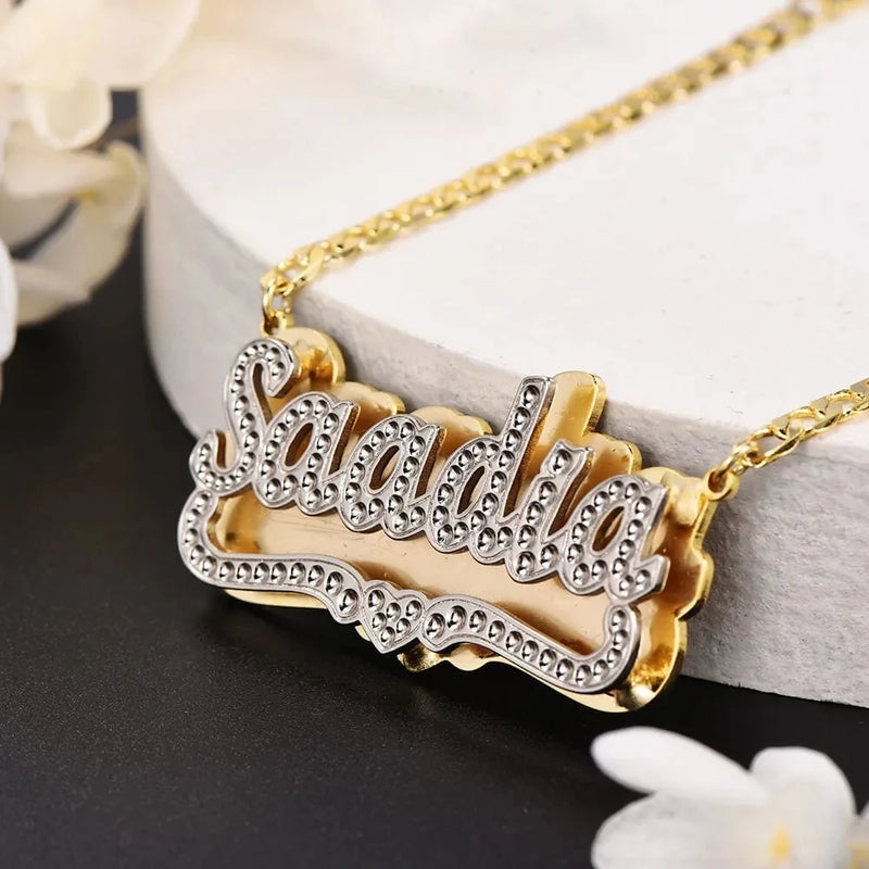 Personalized 18K Name Necklace 3D Double Plate Two Tone Heart Pendant