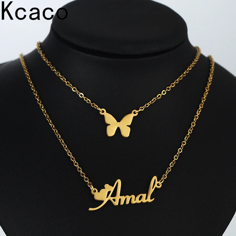 Butterfly Choker Stainless Steel Necklace Double Layers Chain Pendant Jewelry