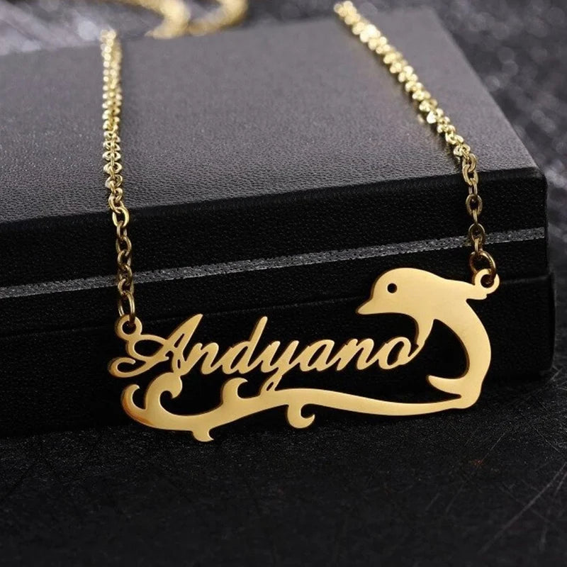 Personalized Dolphin Wave Necklace Stainless Steel Name Pendant