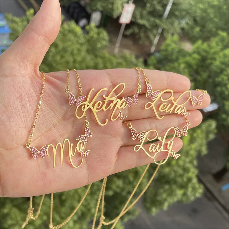 Name Necklace Personalized Jewelry Butterfly Pendant Stainless Steel Necklace