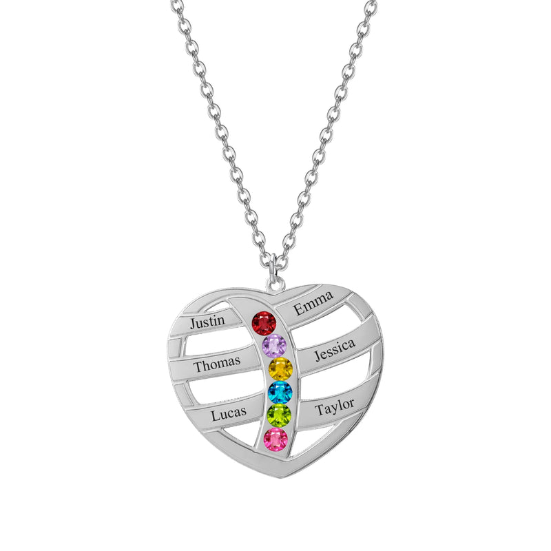 Family Names Necklace with Birthstone Heart Pendant