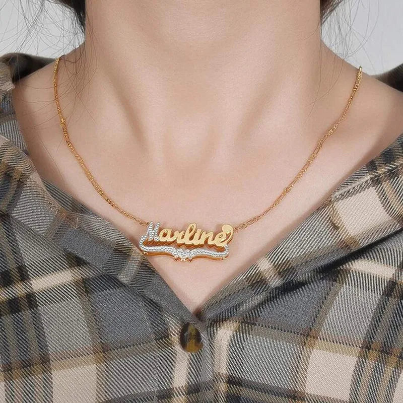 Personalized Heart Chain Name Necklace Stainless Steel 3D Jewelry for Women