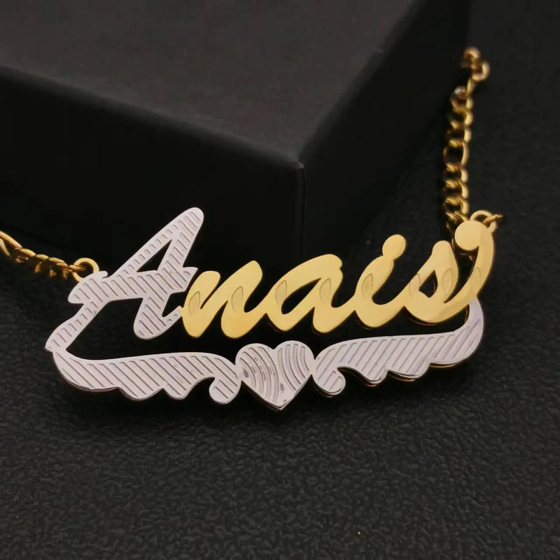 Personalized Name Necklace with Heart Chain Double Plate Stainless Steel