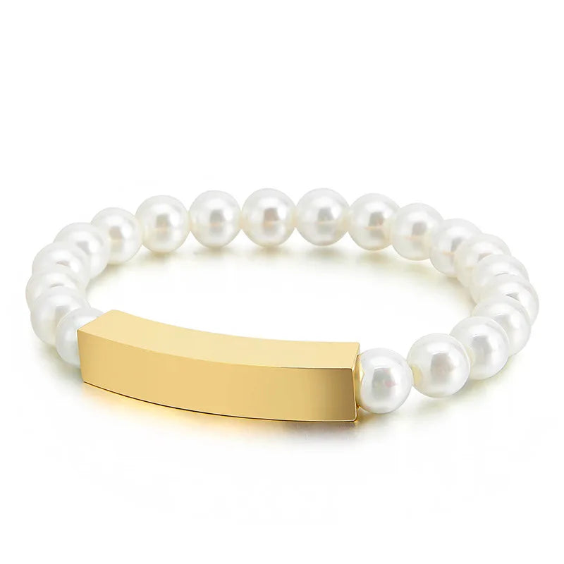 Pearl Beads Bracelets Stainless Steel Engrave Name ID Bracelet