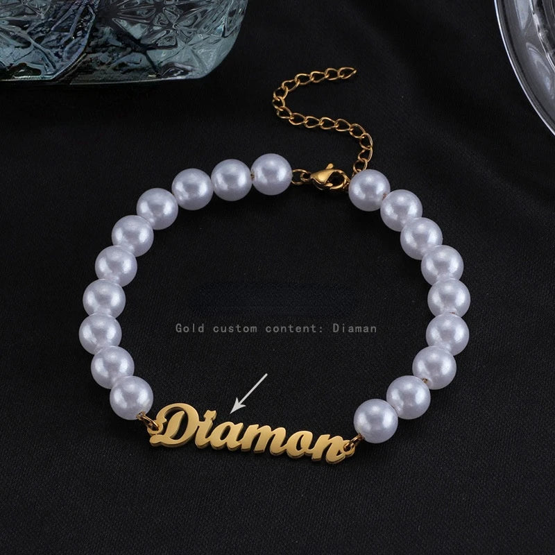 Stainless Steel Initials Pearl Beaded Bracelet for Women