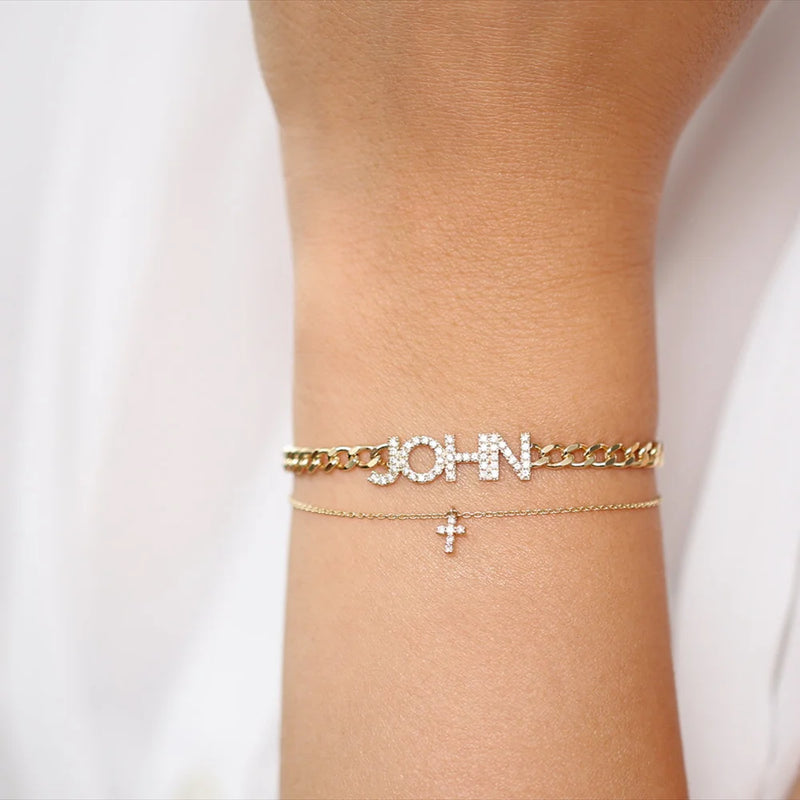 Nameplate Diamond Cuban Chain Bracelet Personalized Stainless Steel Jewelry