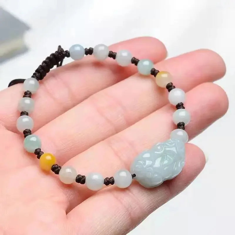 Natural Emerald Pixiu Beads Knotted Bracelet Adjustable Bangle