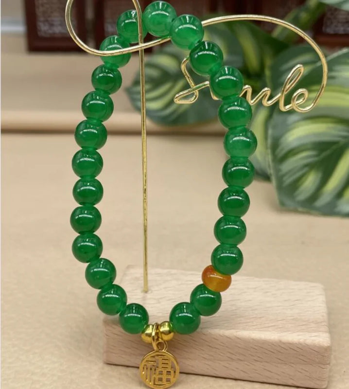 Green Jade Agate Carving Beads Bracelet Necklace for Good Luck