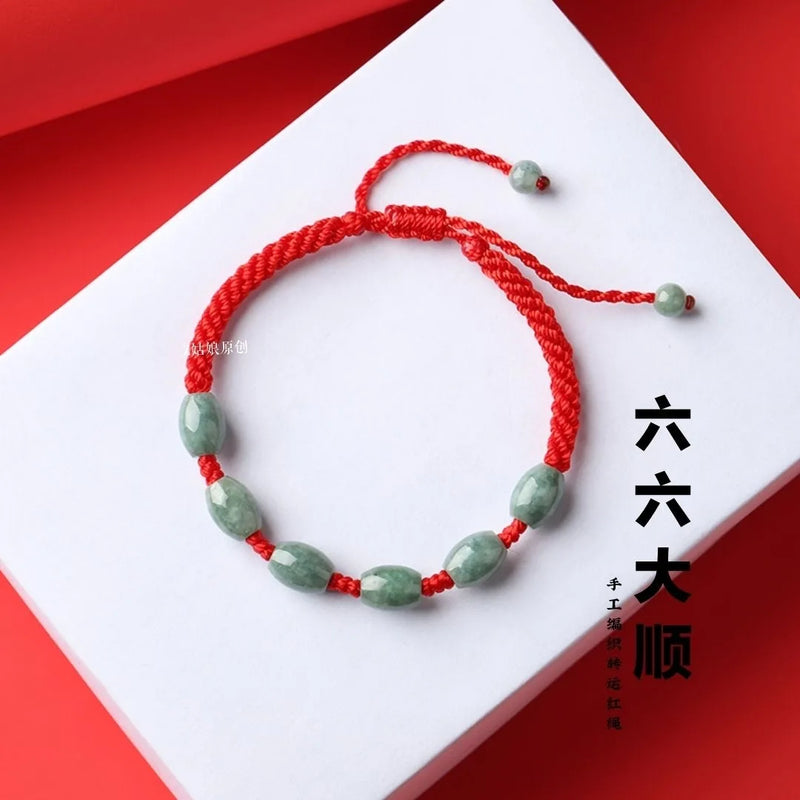 Jade Emerald 6*9mm Beads Hand Knotted Bracelet Adjustable Bangle Charm