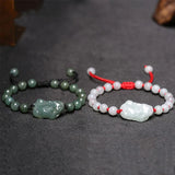 Jade Emerald Pixiu Beads Bracelet Adjustable Bangle Hand-Carved