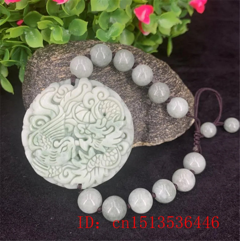 Lantian Jade Dragon Phoenix Tie Bracelet 12mm Beads Bangle Jewelry Woman