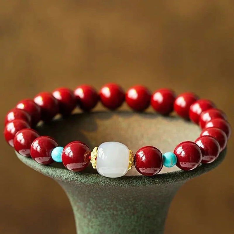 Natural Red Cinnabar 10mm Beads Bracelet Hand Weaving Luck Amulet