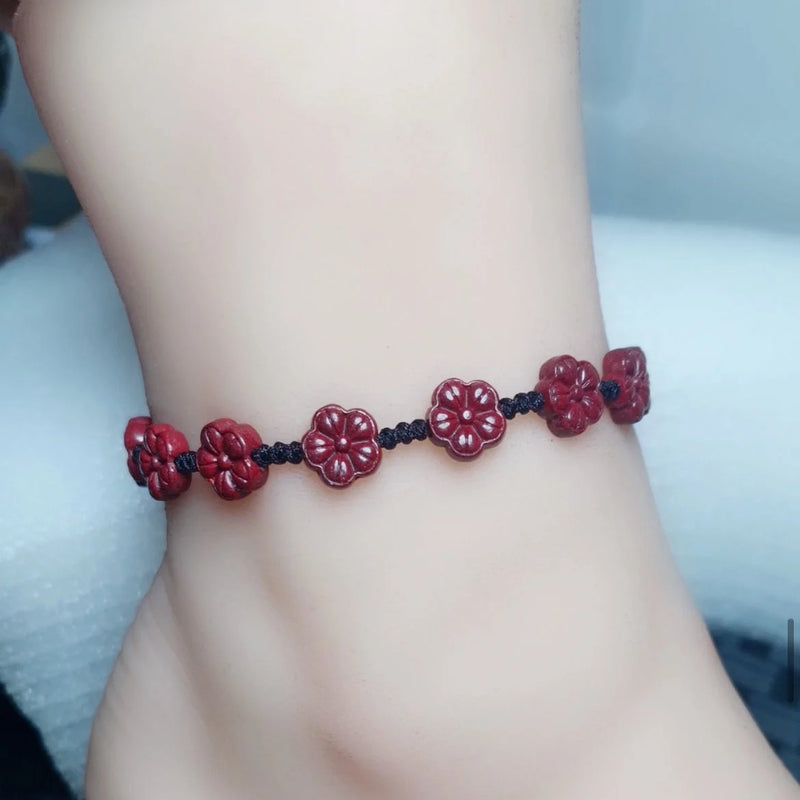 Red Cinnabar Rose Flower Beads Bracelet Hand Weaving Jewelry Luck Amulet