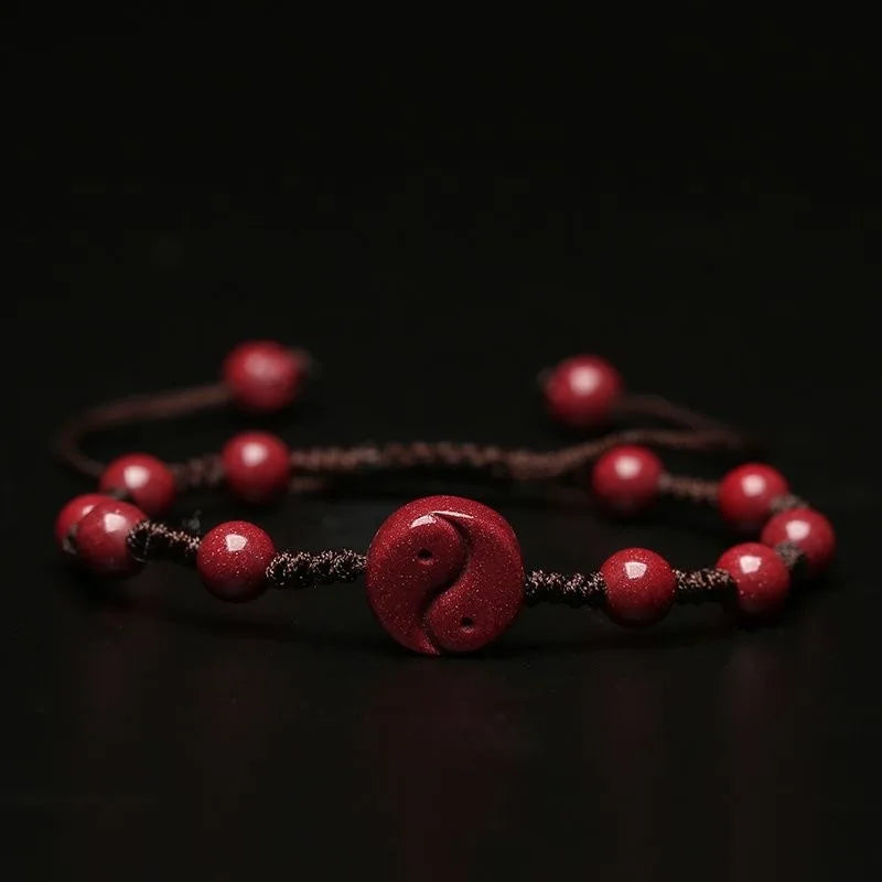 Red Cinnabar Yin Yang 8 Trigrams Beads Bracelet Hand Weaving Luck Amulet