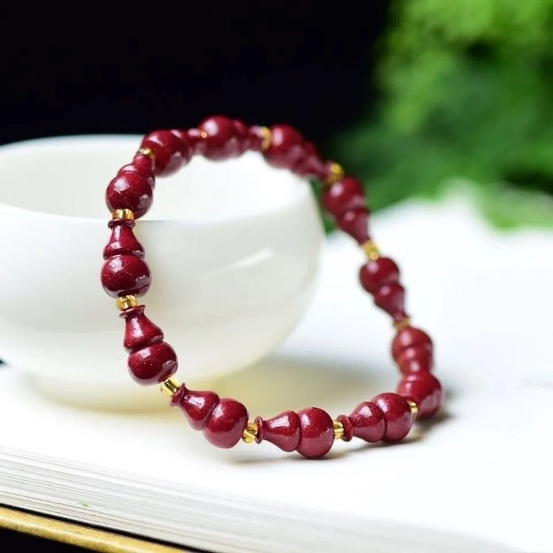 Red Cinnabar Gourd Beads Bracelet Jade Round Handweaving Jewelry Luck Amulet