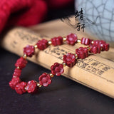 Natural Red Cinnabar Flower Beads Elastic Bracelet DIY Bangle