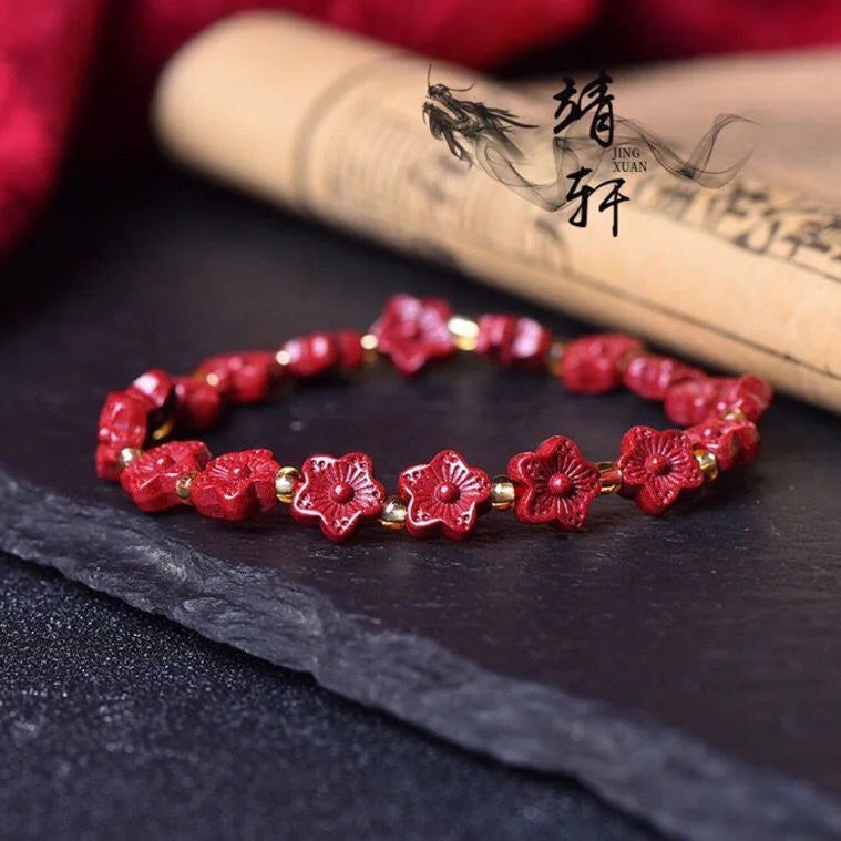 Natural Red Cinnabar Flower Beads Elastic Bracelet DIY Bangle