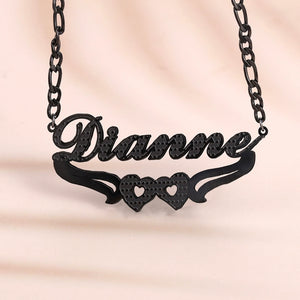 Personalized Double Layer Nameplate Necklace with Hearts, 18K Plated