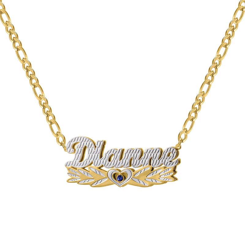 TwoTone Wing Heart Nameplate Birthstone Name Necklace