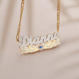 TwoTone Wing Heart Nameplate Birthstone Name Necklace