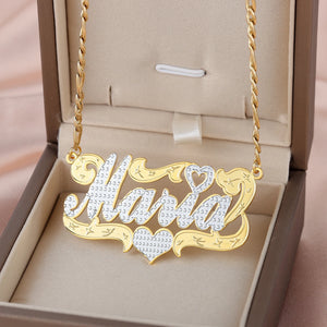 Two Tone Nameplate Necklace With Heart Personalized Names Pendant