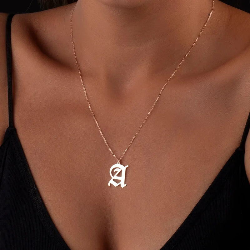 Old English Initial Letter Necklace Stainless Steel Choker