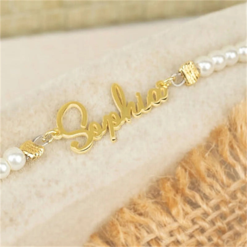 Pearl Chain Personalized Name Bracelet Stainless Steel Gift for Daughter Wife