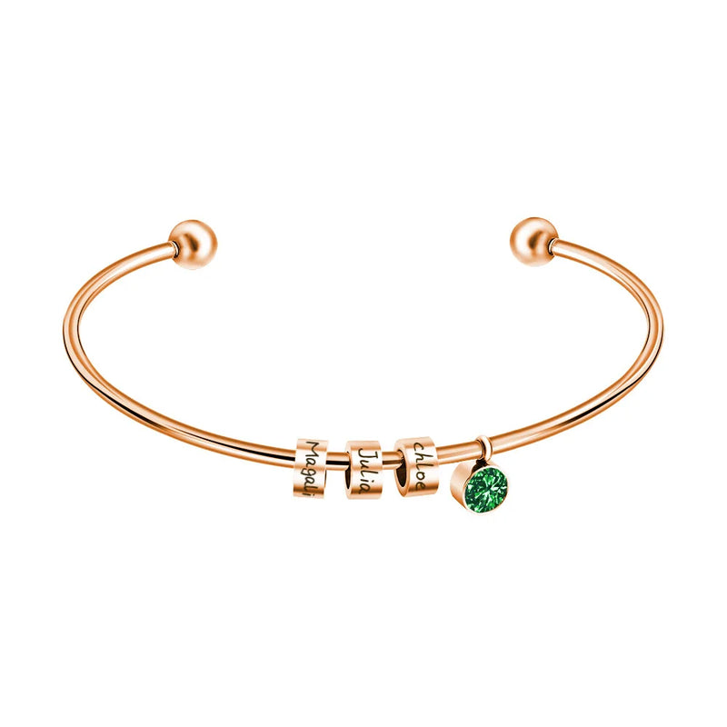 Personalized Stainless Steel Beads Cuff Bangle Birthstone Charm Engraved Names