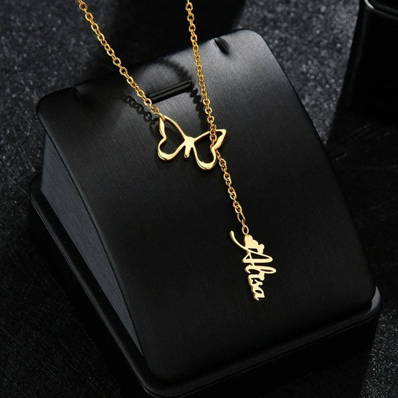 Personalized Name Stainless Steel Band Hollow Butterfly Neckl...