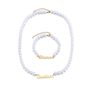 Personalized Stainless Steel Necklace Bracelet with Engraved Pearl