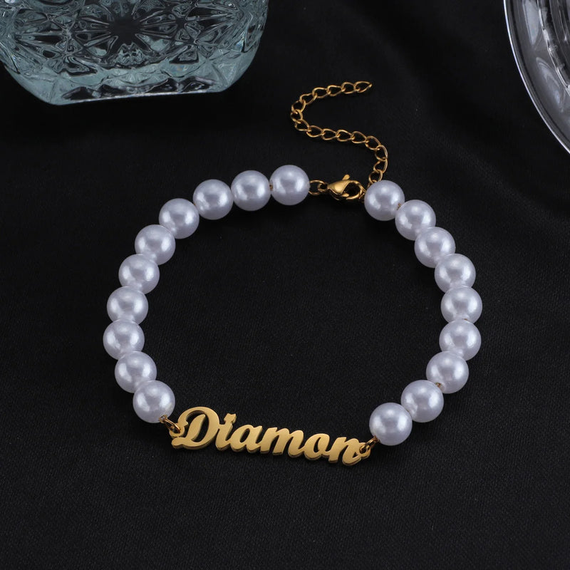 Personalized Stainless Steel Necklace Bracelet with Engraved Pearl