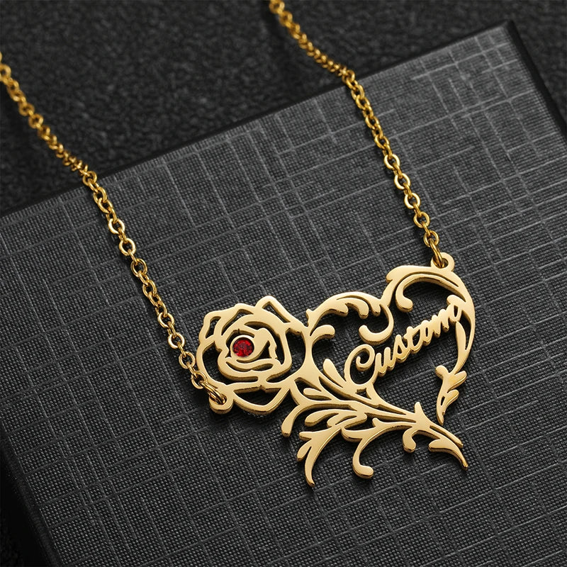 Rose Heart Name Pendant Necklace Red Zircon Letters Choker