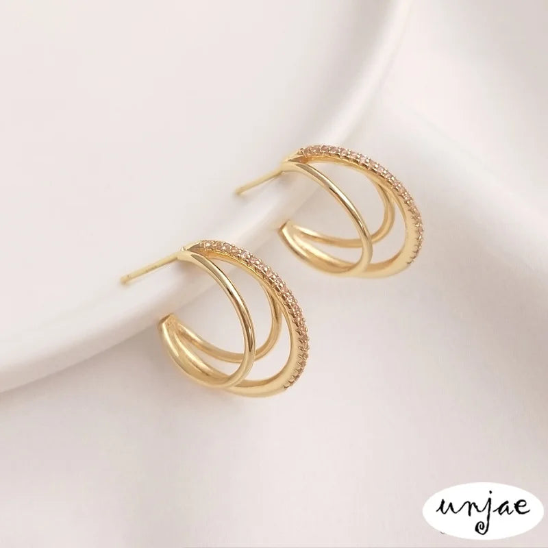 S925 Silver 14K Zircon Earrings, C-shaped Design, Elegant
